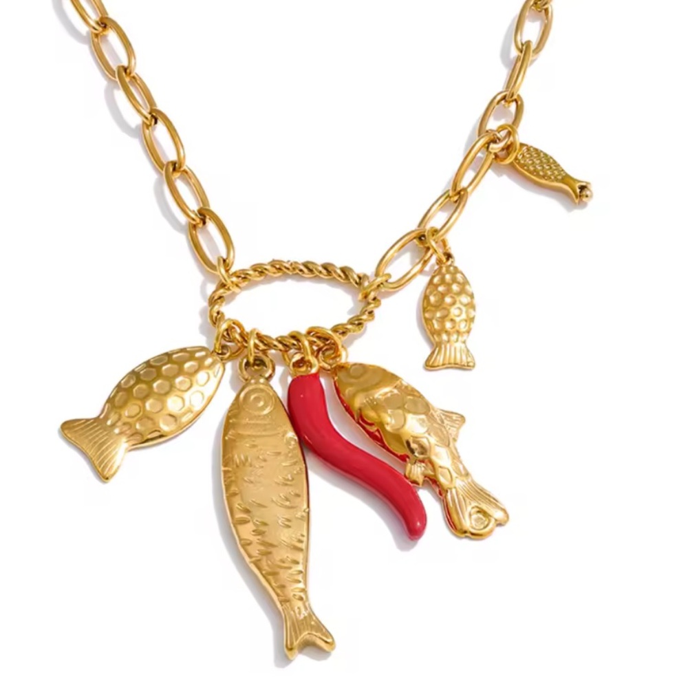 Gold and Red Fish Charm Necklace